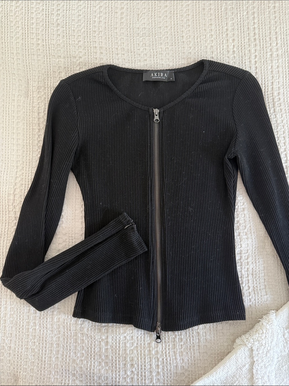 AKIRA Black Ribbed Zip-Up Long Sleeve Top